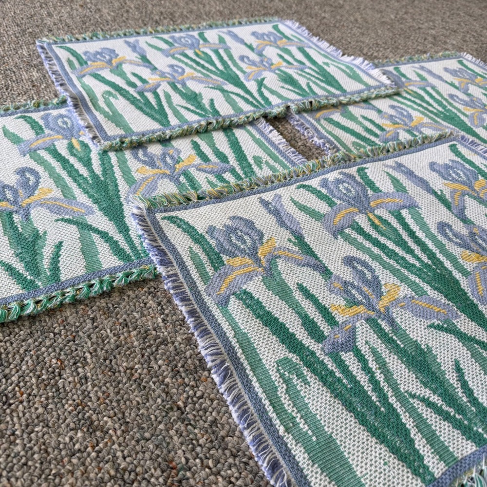 Vintage Iris Floral Tapestry Placemats Fringe Cottage Botanical Table Set of 4